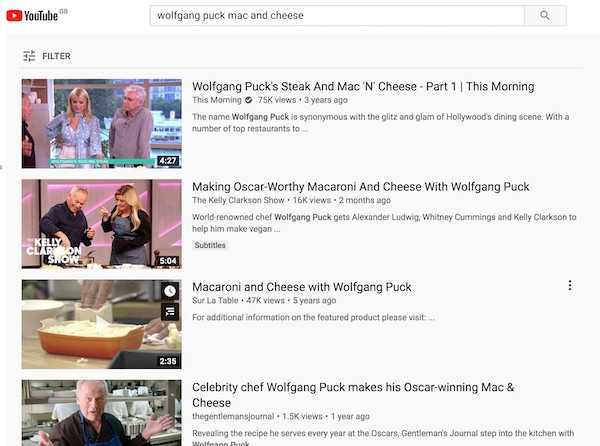 Wolfgang Puck's YouTube content