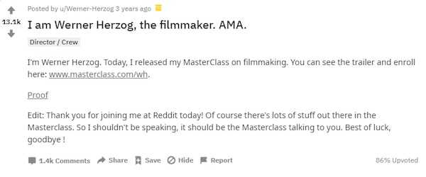 Werner Herzog on Reddit