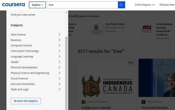 coursera course subjects