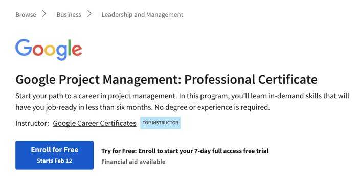 Coursera Google Project Management course