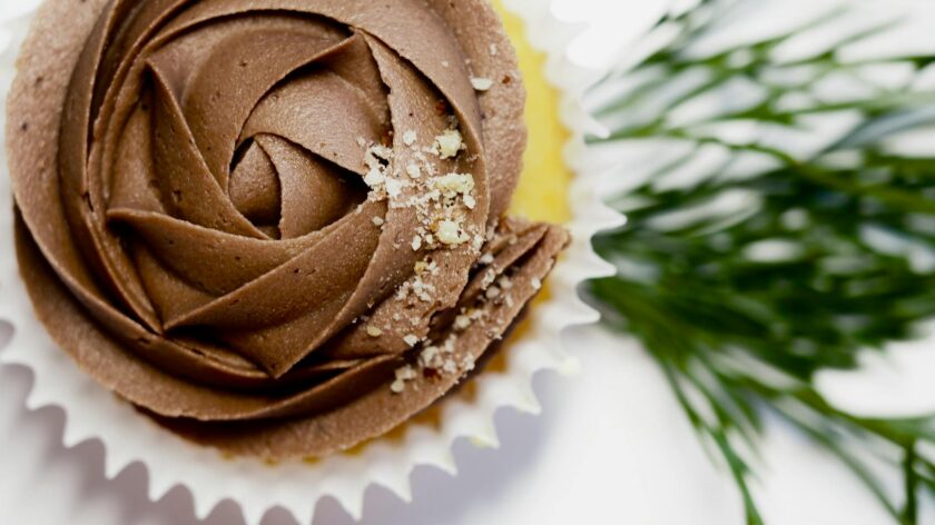 Close-up of a chocolate cupcake with intricate icing and a sprig of greenery, perfect for a sweet treat.
