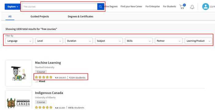 Coursera search function