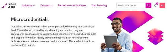 FutureLearn microcredentials screen