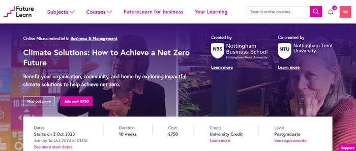 FutureLearn climate solutions screen