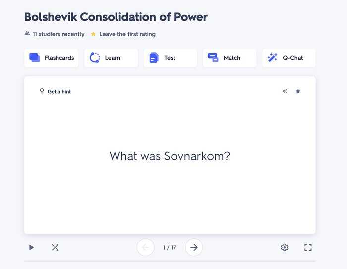 Quizlet flash card example