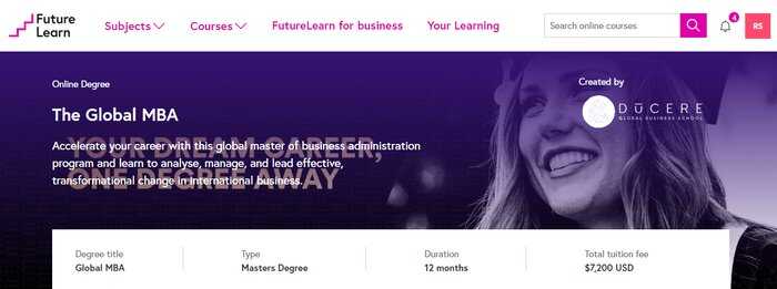 FutureLearn global MBA screen