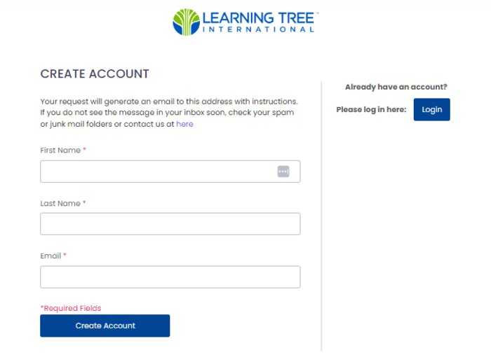 Learning Tree create account screen