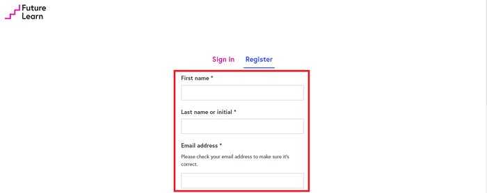 FutureLearn account opening screen