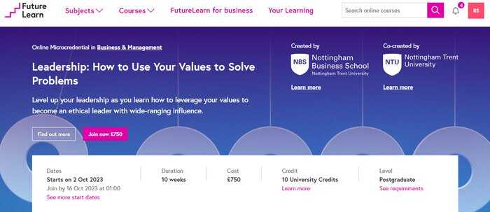 FutureLearn leadership course screen