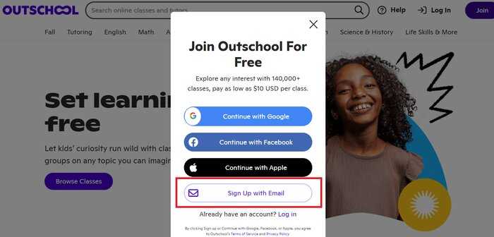 Open Outschool account screen