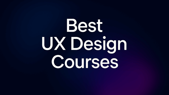 Bold white text saying "Best UX Design Courses" on a dark gradient background