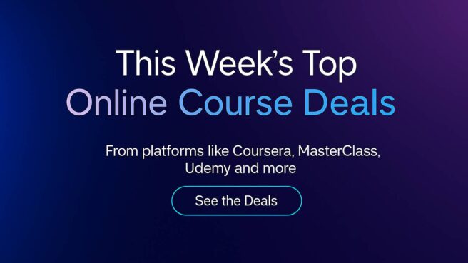 Text reading "This Week’s Top Online Course Deals" with a call-to-action button on a blue and purple gradient