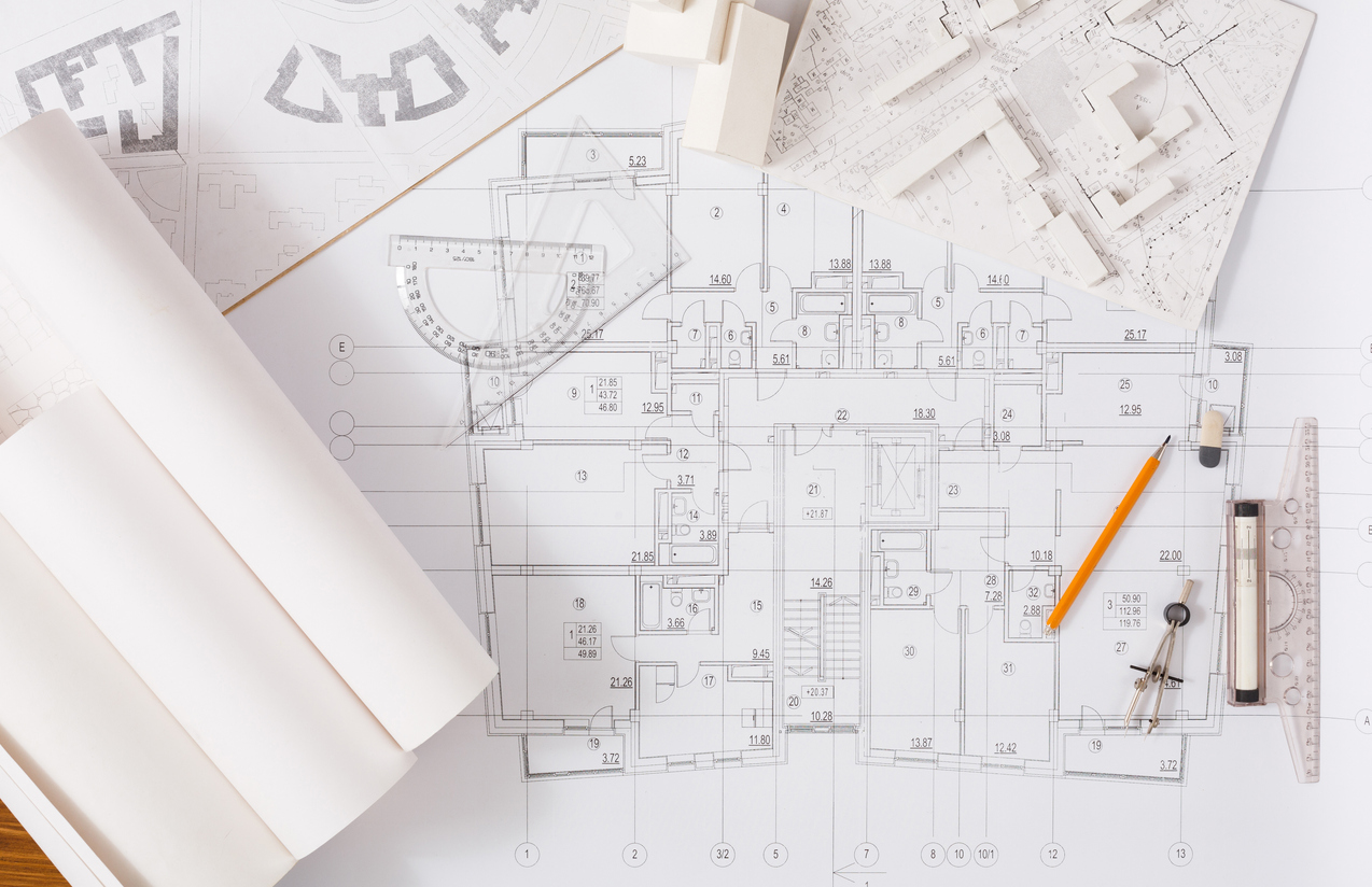 architectural project engineering tools on table.