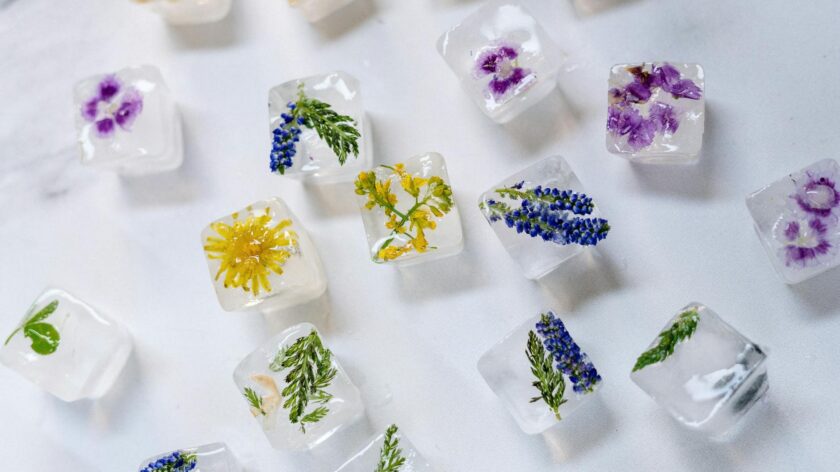 A vibrant flat lay of ice cubes with embedded flowers on a marble background, offering a refreshing visual treat.