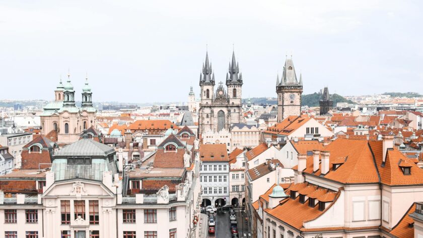 A captivating aerial view showcasing Prague's historical architecture and iconic Tyn Church.