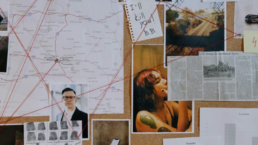 A detailed crime investigation board with photos, maps, and red threads used for connecting clues.